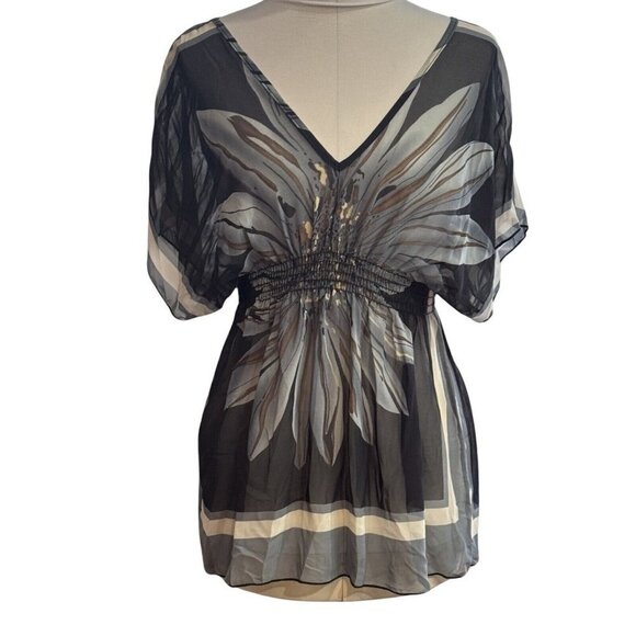 Semi-Sheer Floral Handkerchief Blouse Women's XS (0-2) Black Gray Boho Indie Hip - Picture 7 of 13